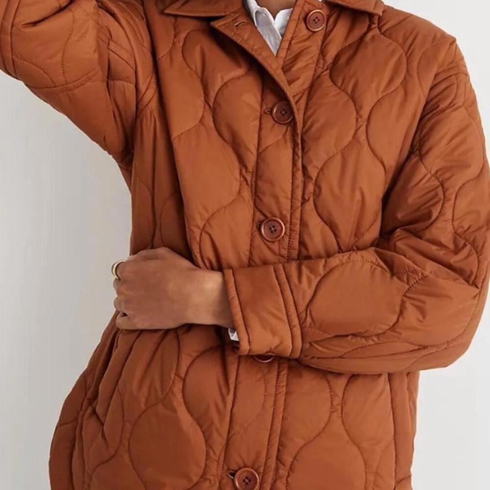Madewell Airpuff Shirt-Jacket in the color Warm Coffee/Rust orange. - Picture 1 of 4